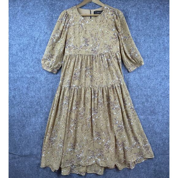 Code X Mode Dress Small Tan Purple Peasant Cottage Farm Tiered Gathered Priairie - Picture 1 of 7